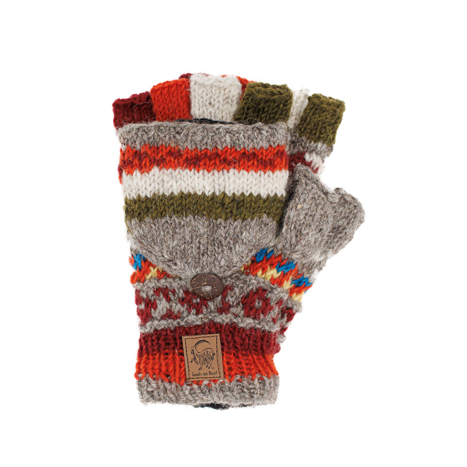 Grey / Orange Pattern Wool Convertible Mittens