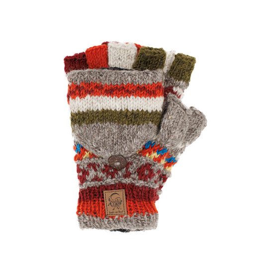 Grey / Orange Pattern Wool Convertible Mittens