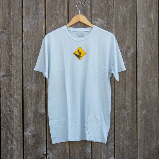 Blue shirt with goats on the roof logo