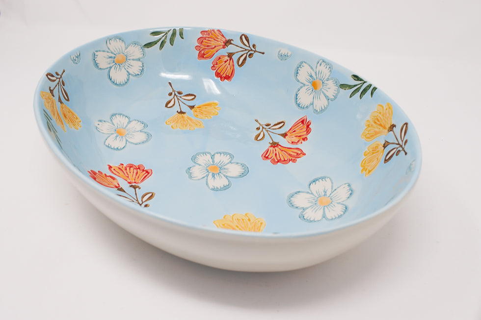 Hand-Painted Blue Oval Bowl