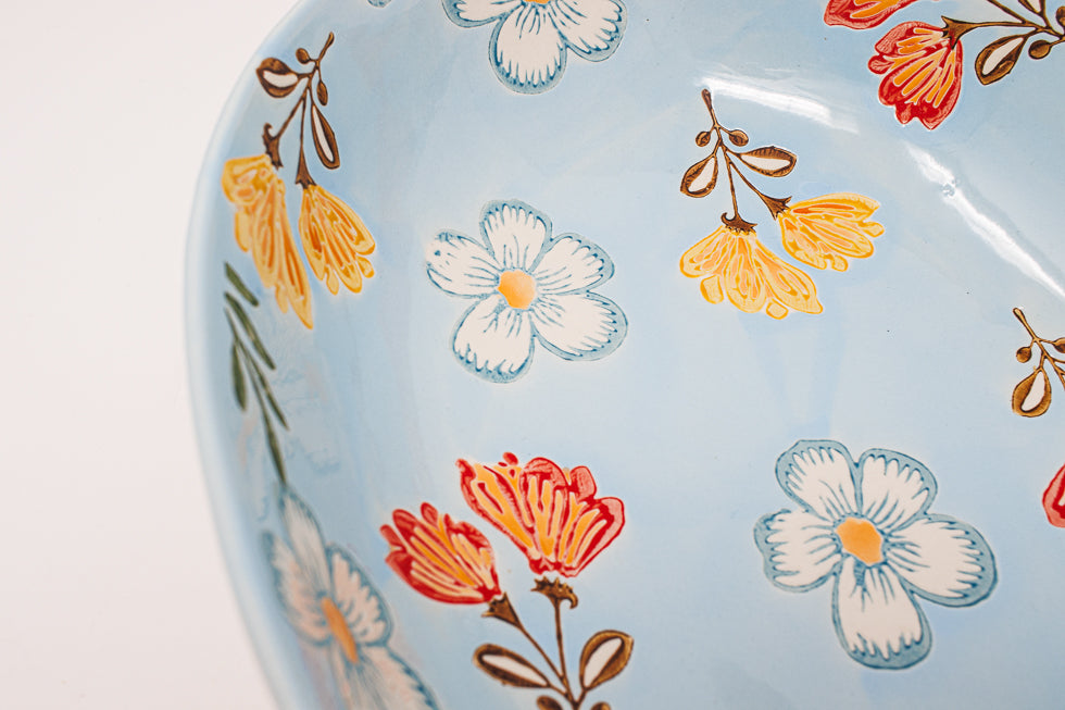 Hand-Painted Blue Oval Bowl