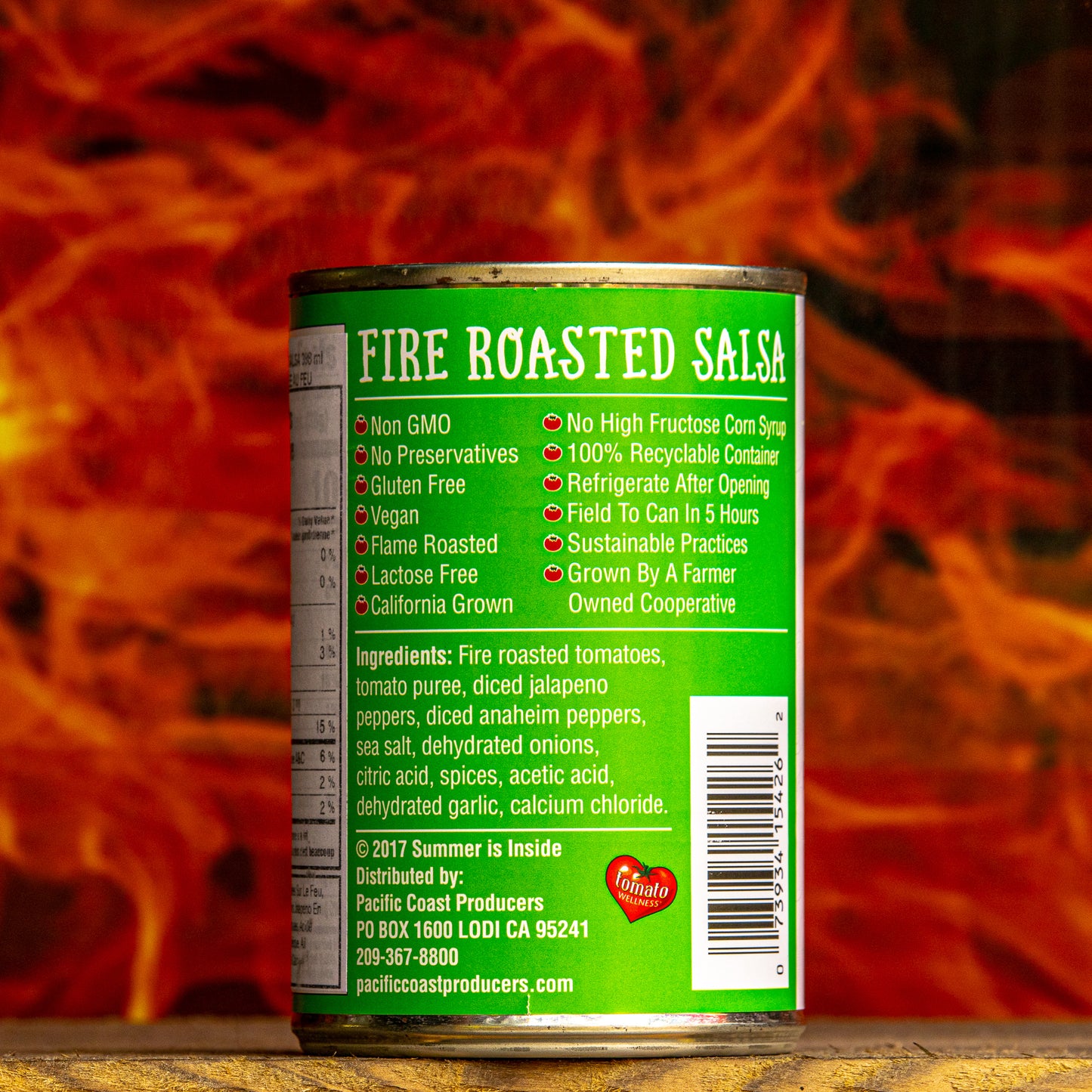 The reverse side of a can of salsa listing the ingredients